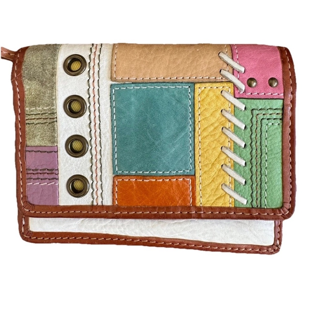 Fossil Brown Leather & Multi Color Wallet Cards Checks Zipper Pocket
